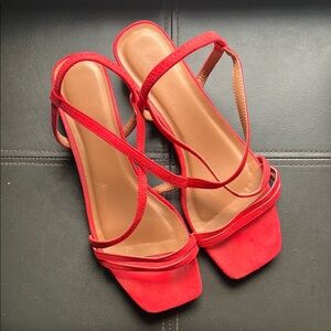 a new day | Red Strappy Sandals Faux Suede Small Heel Size 9.5